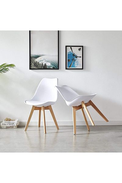 AWF AL WADI FURNITURE Eamy Set of 2 White Tulip Design Mid Century Modern Upholstered Dining Chairs White & Beech