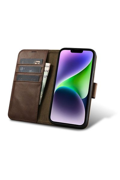 ICARER Husă din piele 2 în 1 pentru iPhone 14, anti-RFID, cu aspect de portofel și ceară uleioasă, maro închis