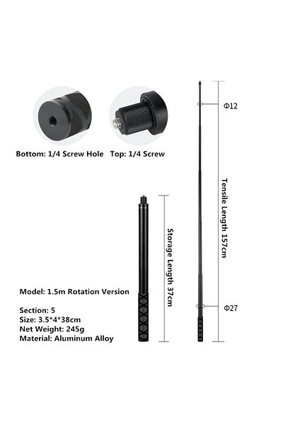 Choice 157CM Invisible Selfie Stick for GoPro 13 12 11 10 9 8 Insta360 X5 X4 X3 X2 1/4" Extended Monopod Po