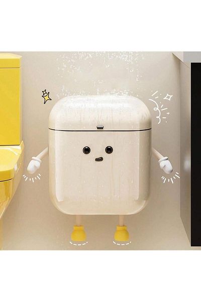 Choice Beige Cute Cartoon Hanging Trash Can with Lid, Large Capacity, Non-Drilled Wall Mounted Trash Can fo
