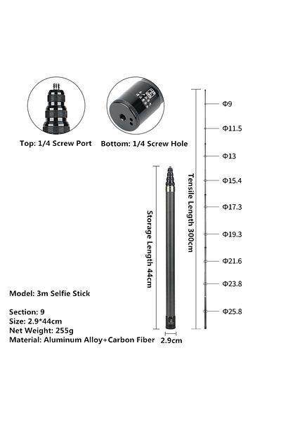 Choice 300CM Invisible Selfie Stick for GoPro 13 12 11 10 9 8 Insta360 X5 X4 X3 X2 1/4" Extended Monopod Po