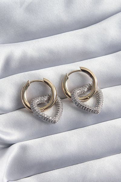ALFA AKSESUAR 03 Brass Gold Color Hoop Silver Zircon Stone Heart Model VIP Series Women's Earrings - TJ-BKP8229