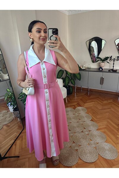 MODA Bebe Pembe Geniş Yakalı Halter Kollu Elbise