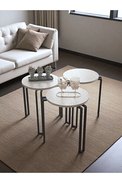 Bye Concept More DEKORATİF 3’LÜ ZİGON SEHPA METAL AYAKLI BEYAZ AHŞAP YUVARLAK MİSAFİR SERVİS SEHPASI ORTA SEHPA