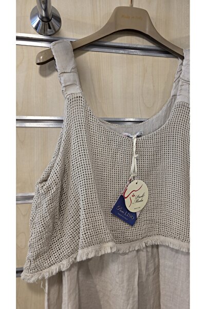 Park Moda Italian Linen Dress with Mesh Strap and Fringe Detail