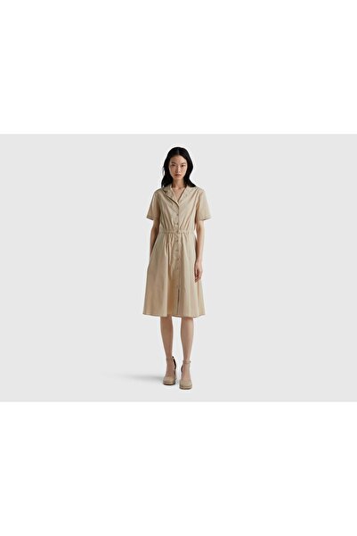 United Colors of Benetton Women's Midi Cotton Shirt Dress with Front Buttons