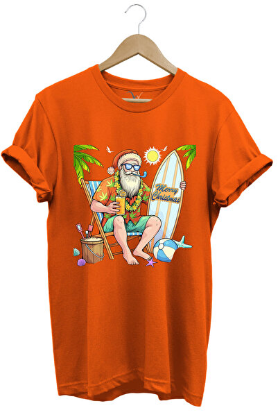 WİDİ Crăciun Fericit Vară Tematică Pe plajă Moș Crăciun Imprimat 100% bumbac Tricou unisex Regular Fit