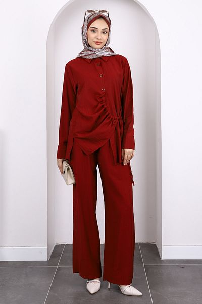 İmajButik Burgundy Front Tie Tunic Trouser Suit