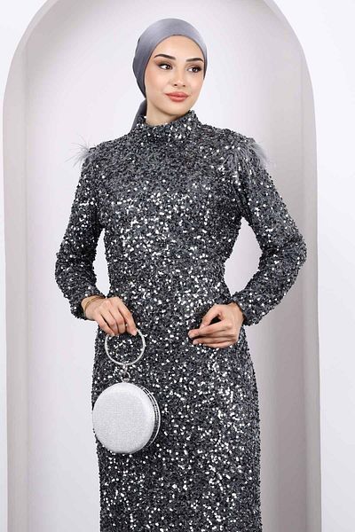 İmajButik Βραδινό φόρεμα με καπνιστή ζώνη μέσης με παγιέτες