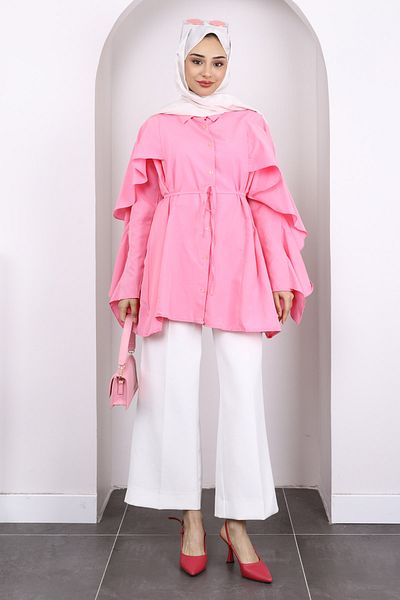 İmajButik Pink Drawstring Waist Flounce Tunic