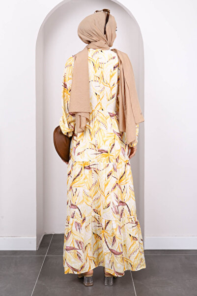 İmajButik Hardal Yarım Düğmeli Eteği Katlı Desenli Elbise