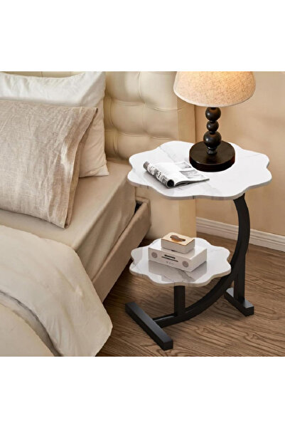 rexa 2-Tier Flower-Shaped Side Table with Faux Marble & Black Base