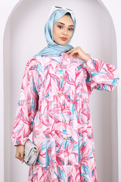 İmajButik Ροζ Φόρεμα με μισό κουμπί με μοτίβο