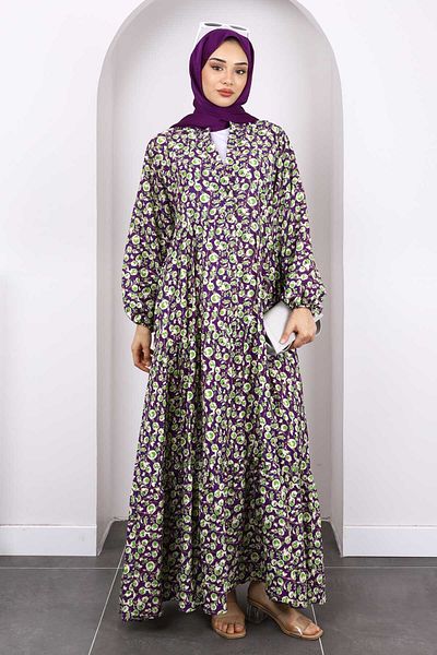 İmajButik Μωβ φόρεμα με μισό κουμπί με φούστα