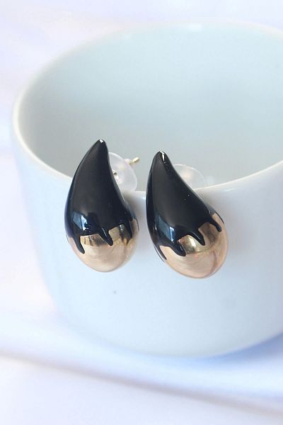 ALFA AKSESUAR 03 Minimal Black Enamel Double Color Drop Earrings - Tj-Bkp8868