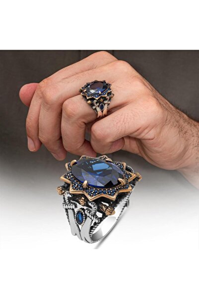 ALYANSEVİM Kılıç Motif Lacivert Taşlı 925 Ayar Erkek Gümüş Yüzük