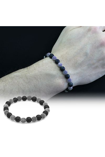 Tesbihane Crescent and Star Patterned Onyx Metal Combination Sphere Cut Natural Stone Bracelet