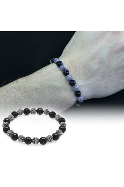 Tesbihane Onyx Metal Combination Sphere Cut Natural Stone Bracelet