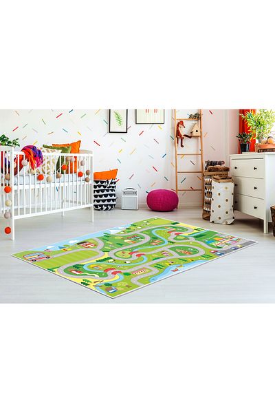 Homefesto Children's carpet Cars route (80 x 120) Kids-39, Green