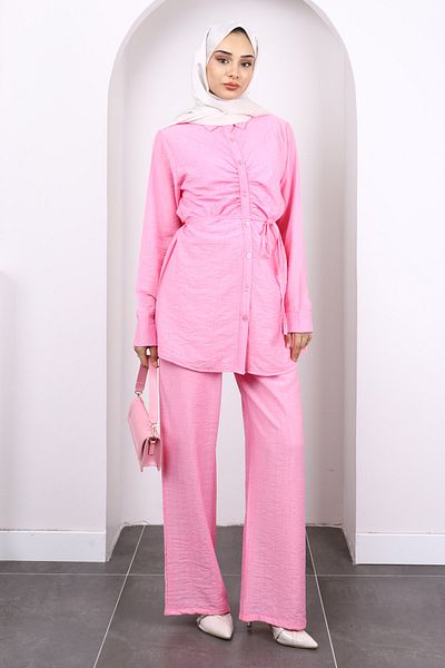 İmajButik Pink Front Draped Tunic Pants Suit
