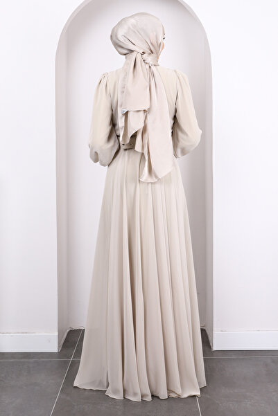 İmajButik Βραδινό φόρεμα σιφόν μπεζ με χάντρες