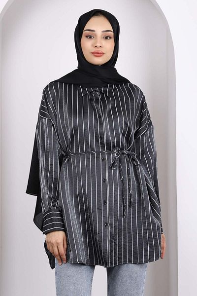 İmajButik Black Striped Front Buttoned Tunic