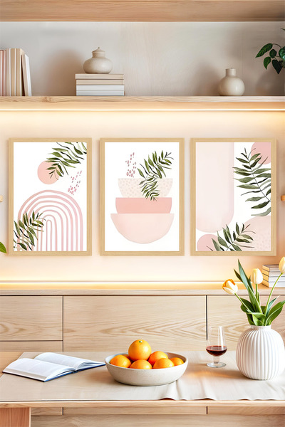 kutuTR 🌿 Pembe Tonlarda Bitkisel Modern 3’lü Tablo Seti – Çerçeve Görünümlü�...