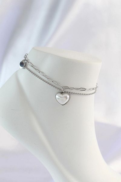 ALFA AKSESUAR 03 316L Steel Silver Color White Heart Anklets of 2 - Tj-Hh1585