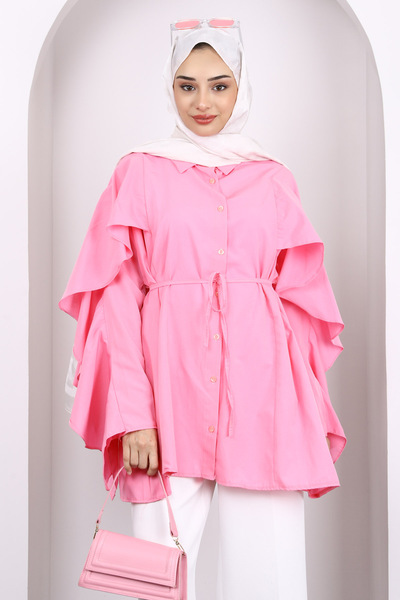 İmajButik Pink Drawstring Waist Flounce Tunic