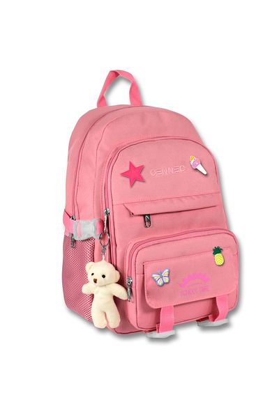 ÜMİT ÇANTA Cennec Korean Style School Backpack with Accessories and Teddy Bear Keychain Gift Pink