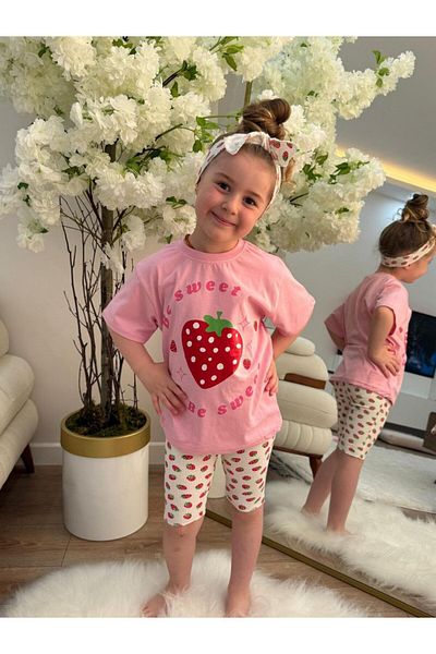 GÖKJOY BUTİK Premium Quality Strawberry Printed Hair Band Included 3-Piece Summer Tights Set