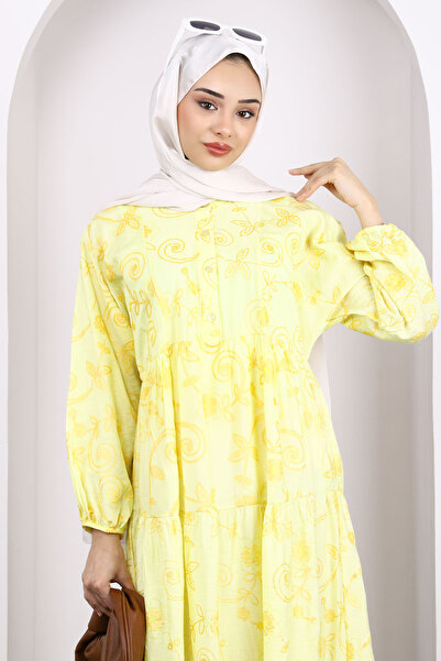 İmajButik Yellow Patterned Half Button Sleeve Elastic Dress