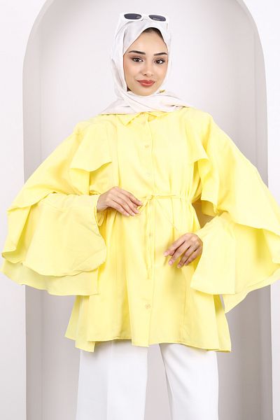 İmajButik Yellow Drawstring Waist Flounce Tunic