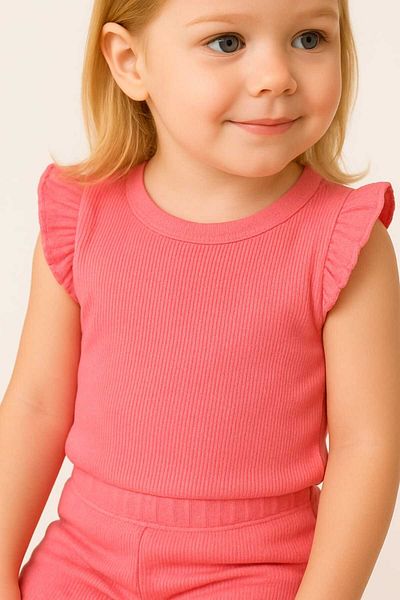 ESES BEBE Baby-Child Ribbed Ruffle T-Shirt Set Bottom-Top Summer Shorts Set