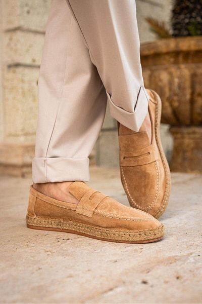 Lovittoman Men's Genuine Leather Beige Suede Espadrille Loafer