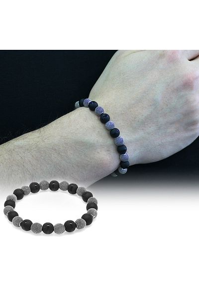 Tesbihane Onyx Metal Combination Sphere Cut Natural Stone Bracelet with Stripes in the Middle