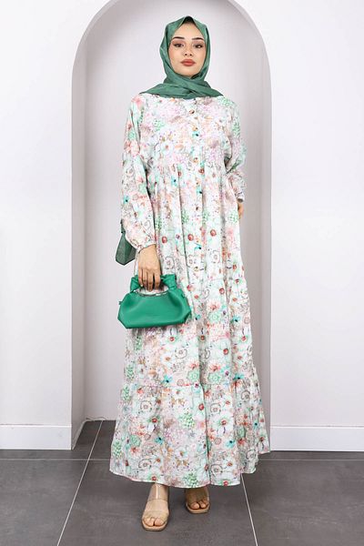 İmajButik Φόρεμα με πράσινη φούστα με μισό κουμπί με λουλουδάτο σχέδιο