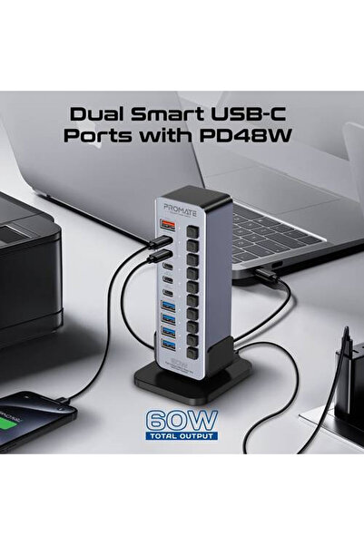 Promate 14-in-1 Multiport USB-C Hub with Tower Design featuring Three 5Gbps USB-C Ports