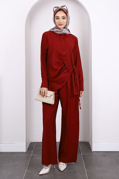 İmajButik Burgundy Front Tie Tunic Trouser Suit