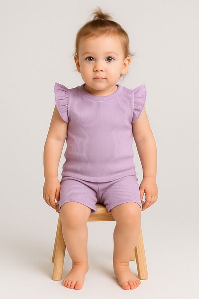ESES BEBE Baby-Child Ribbed Ruffle T-Shirt Set Bottom-Top Summer Shorts Set