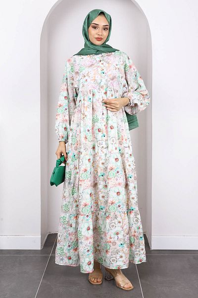 İmajButik Φόρεμα με πράσινη φούστα με μισό κουμπί με λουλουδάτο σχέδιο