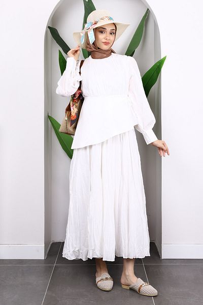 İmajButik Ecru Girdle Detailed Kraş Dress