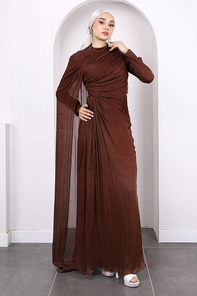 İmajButik Βραδινό φόρεμα σιφόν καφέ με ντραπέ μπροστά
