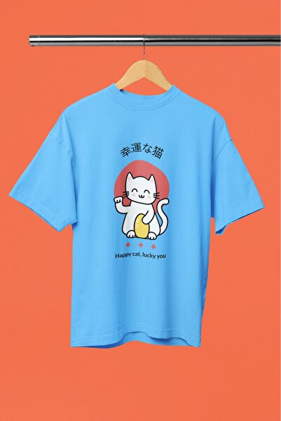 ArtYus TRIUC CU MÂNĂ SCURTĂ CU Gât rotund, cu imprimeu prin transfer, pentru bărbați/femei, HAPPY CAT LUCKY YOU