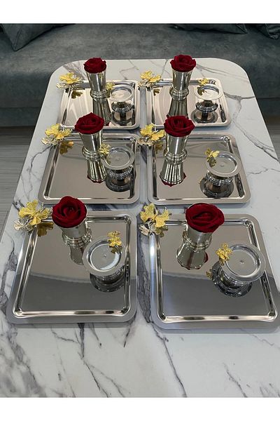 NEWTREND Züccaciye 3 Different Models Silver 6-Piece Steel Square Presentation Tray, Silver Rose Bucket (with Roses), Butterfly Macaron Holder