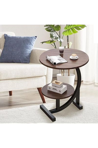 rexa Modern 2-Tier Round Side Table with Faux Marble Tops & Black Metal Base