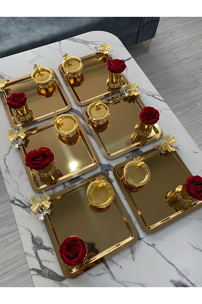 NEWTREND Züccaciye 3 Different Models Gold 6-Piece Steel Square Presentation Tray Gold Rose Bucket (with Roses) Butterfly Macaron Holder