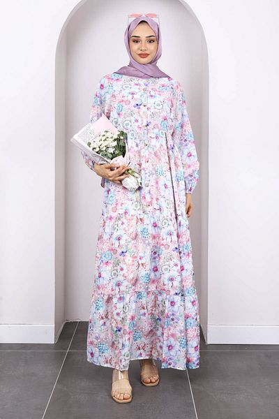 İmajButik Μπλε φόρεμα με μισό κουμπί με φούστα με λουλουδάτο σχέδιο
