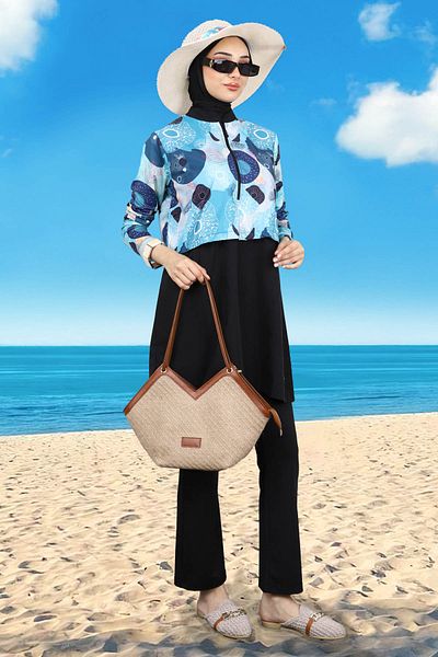 İmajButik Blue Patterned Triple Hijab Swimsuit Set