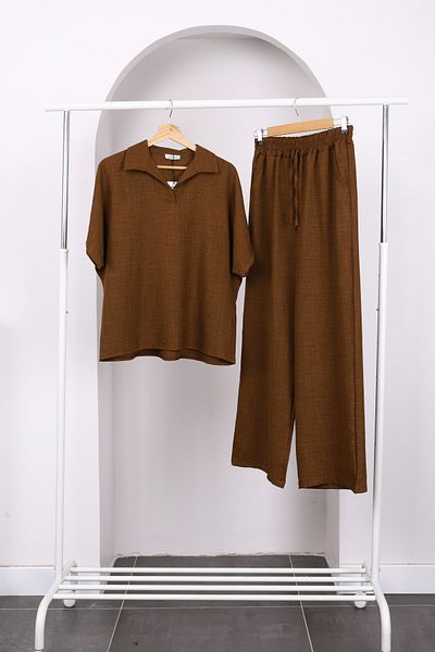 İmajButik Καφέ Σετ Λινό Πουκάμισο Off Shoulder με Παντελόνι
